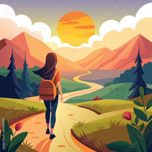 Beautifull girl with a backpack walks along a winding path  the sun dipping below the horizon casting a golden glow over the landscape