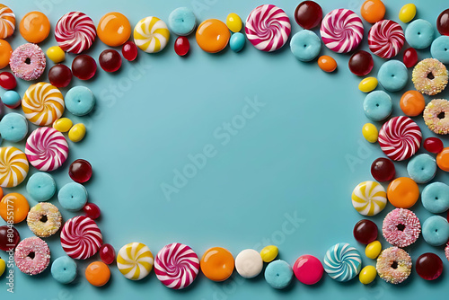 Candy and sweets in copy-space background concept  big blank space. Place to adding text blank copy space. Chocolate Chip Cookies