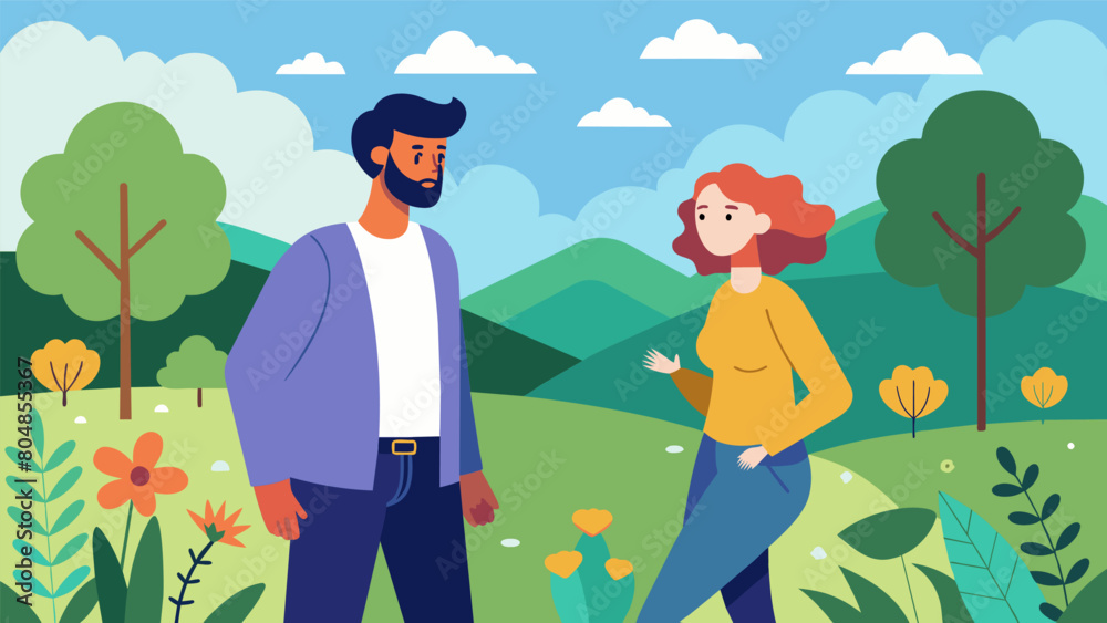 A man and his the take a walk through a meadow stopping to talk and process emotions along the way in a session focused on connecting with nature.. Vector illustration A man and his the take a walk through a meadow stopping to talk and process emotions along the way in a session focused on connecting with nature.. Vector illustration
