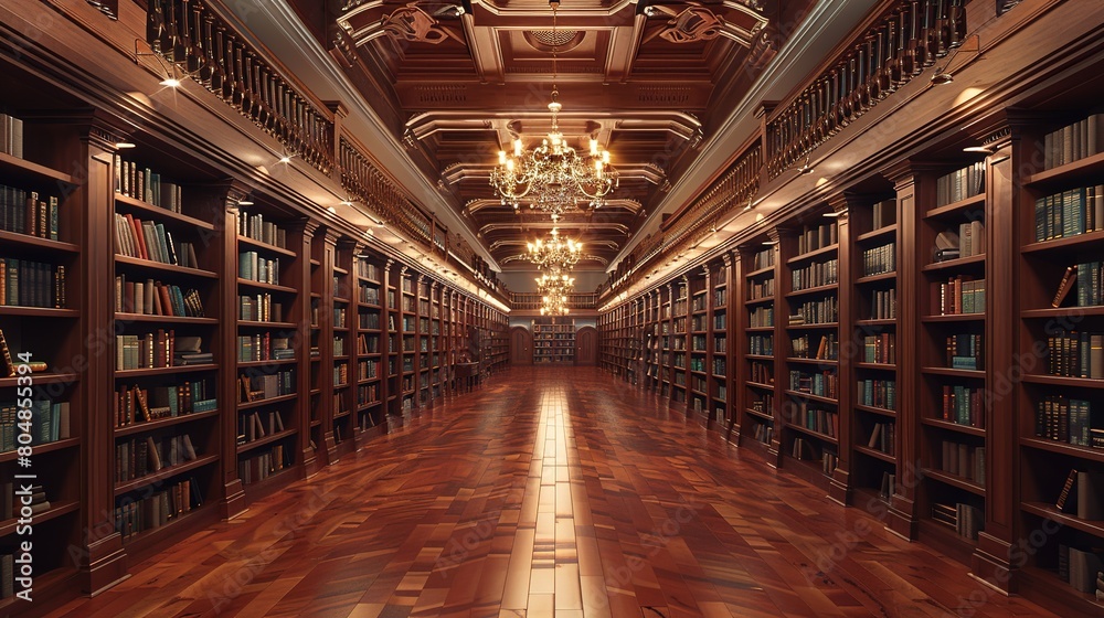 Superb Long library corridor with bookcases and thousands of books, wood floor, and chandeliers Superb Long library corridor with bookcases and thousands of books, wood floor, and chandeliers