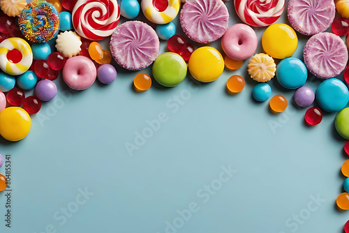 Candy and sweets in copy-space background concept, big blank space. Place to adding text blank copy space. Sugary Candy Hearts