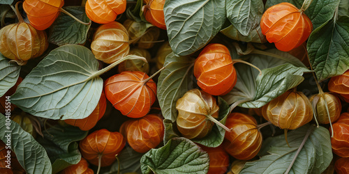 Delicate bright orange Acorns and chestnuts with Chinese lantern plant. photo