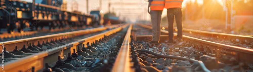 Railway workers inspecting tracks at sunset