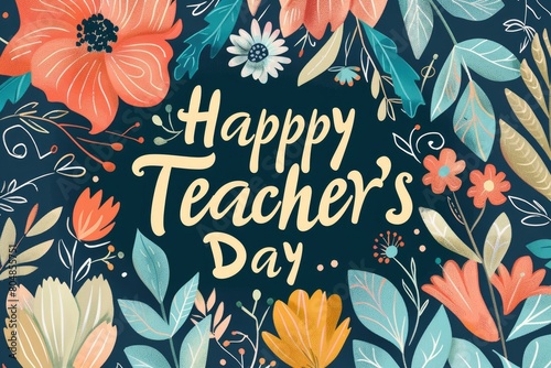Happy Teacher s Day lettering with flowers and leaves.