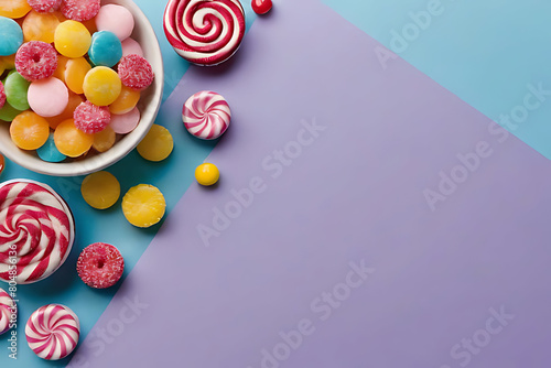 Candy and sweets in copy-space background concept, big blank space. Place to adding text blank copy space. Candy Chocolate Coated