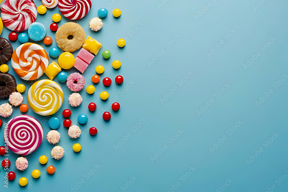 Candy and sweets in copy-space background concept, big blank space. Place to adding text blank copy space. Chocolate Toffee Magic