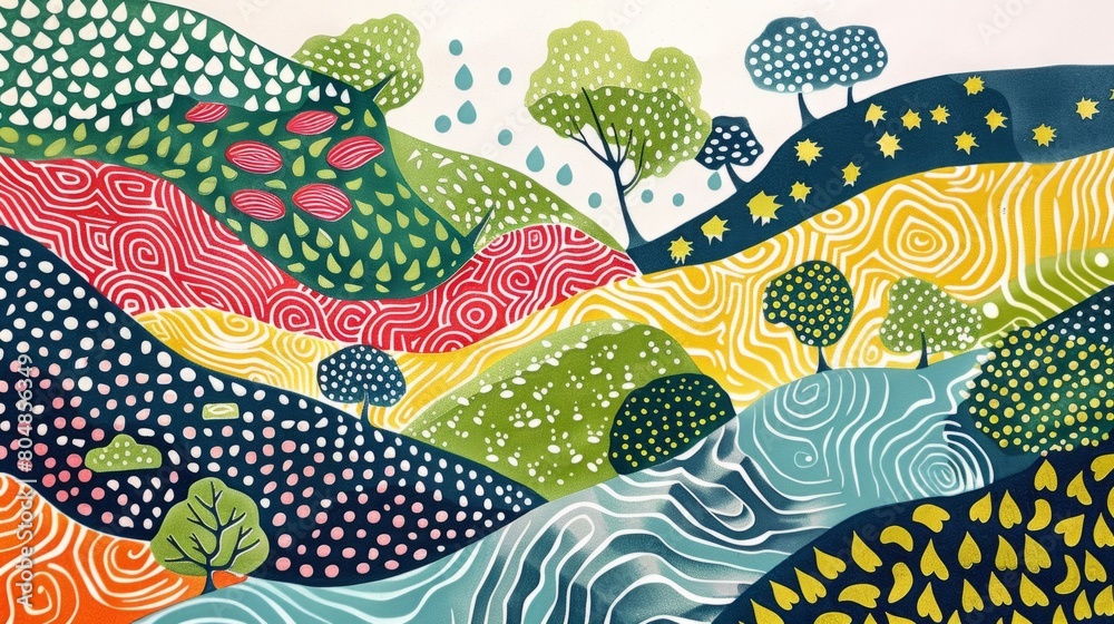 Naklejka premium Abstract landscape illustration with hills, trees, and flowing water. Colorful and whimsical nature-inspired design. Artistic pattern for wallpaper, textile, and print