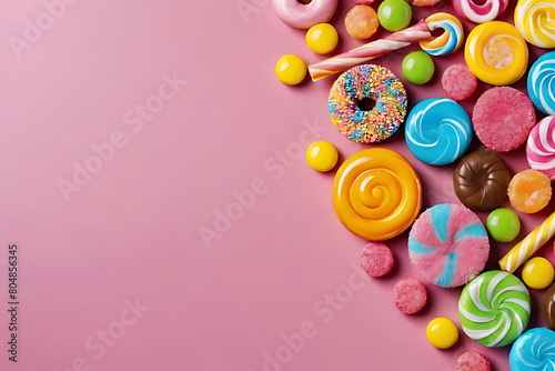 Candy and sweets in copy-space background concept, big blank space. Place to adding text blank copy space. Gummy Candy Twists