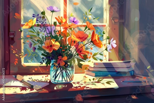 Bouquet of flowers in a vase on the windowsill
