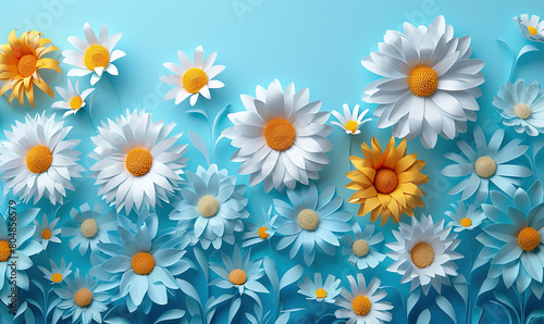A vibrant pattern of white daisies with yellow centers on a teal background. Generate AI
