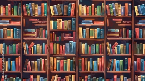 Attractive Wooden bookcase full of different books, Seamless pattern, Education library