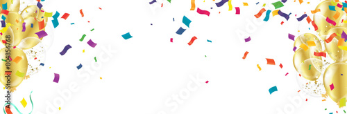 Illustrated horizontal happy birthday card, sign or banner with colorful balloons and confetti