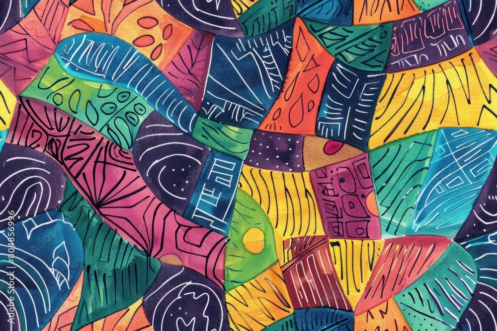 Obraz premium Colorful abstract geometric pattern. Vibrant hand-drawn shapes and lines. Design for poster, banner, wallpaper, print