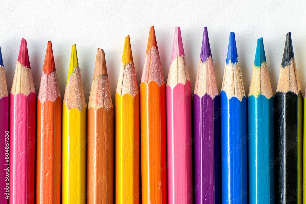 Colorful sharpened pencils lined up in a row on a white background. Close-up photography with focus on vibrant colors and sharp tips. Art and creativity concept Colorful sharpened pencils lined up in a row on a white background. Close-up photography with focus on vibrant colors and sharp tips. Art and creativity concept