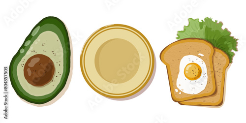 Healthy breakfast of black bread with scrambled eggs, green lettuce and avocado with beautifulplate. Set of vector isolated illustrations on a white background for the design of menus, templates.
