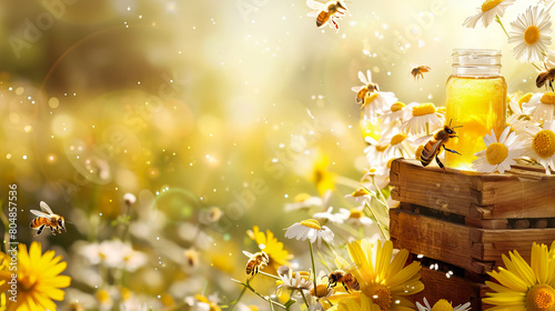 honey in jar on beehive with bees flying around chamomile flower garden in summer time with copy space.