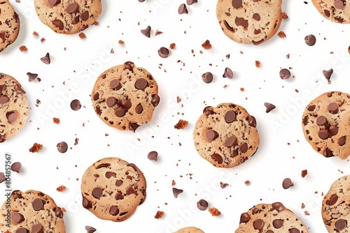 Mouthwatering sight of three chocolate chip cookies, their crumbs artfully strewn across the table. A treat for the senses and the palate. photo