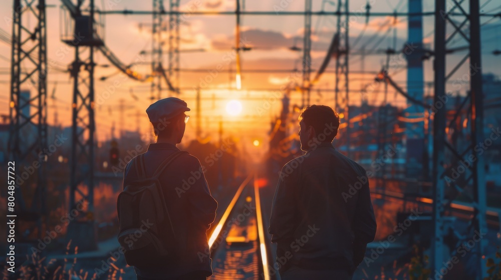 Two friends standing on railroad tracks at sunset