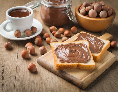 Hazelnut chocolate spread toast on wooden for breakfast