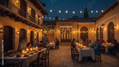 People have dinner in a street restaurant. Evening cafe with a warm garlands. AI generative,people celebrate eid ul adha.
 photo