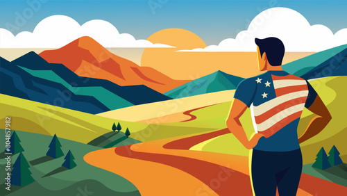 A runner taking a moment to appreciate the breathtaking view of rolling hills a reminder of the vast and beautiful land that America fought to be free. Vector illustration