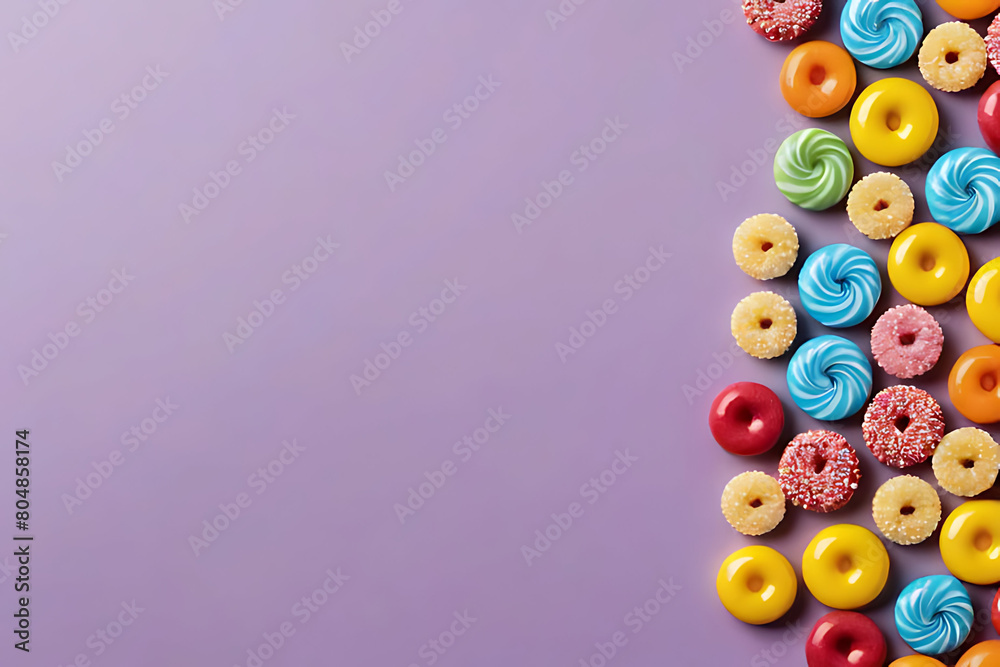 Candy and sweets in copy-space background concept, big blank space. Place to adding text blank copy space. Licorice Allsorts Delight