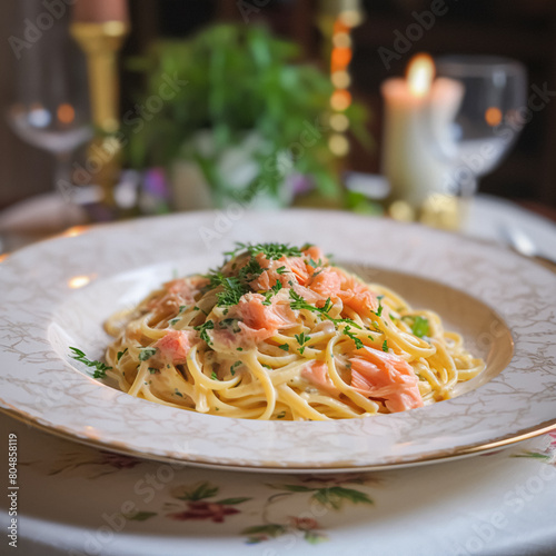 Pasta with smoked salmon and cream  homemade cuisine and traditional food  country life
