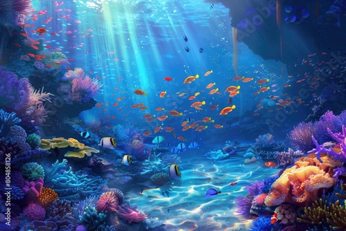 Underwater world. Colorful coral reef with tropical fishes. 3D rendering © MrHamster