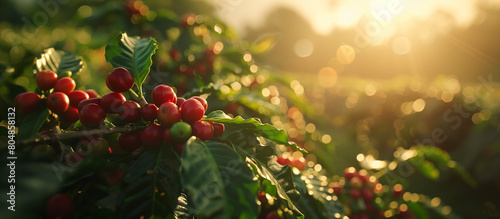 Rustic scene of coffee plants laden with cherries, the early morning light casting long shadows across the field. photo