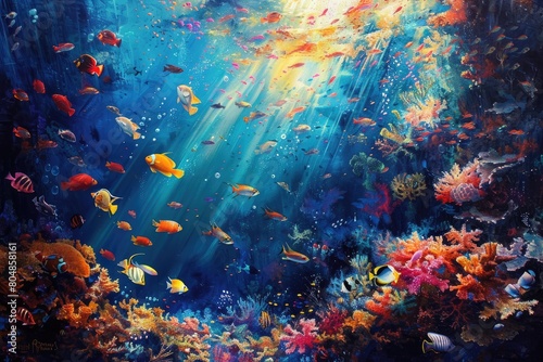 Underwater world. Colorful coral reef with tropical fishes. 3D rendering © MrHamster