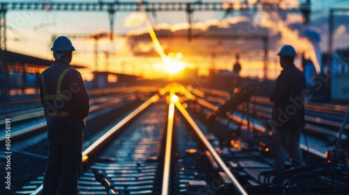 Railway workers at sunset