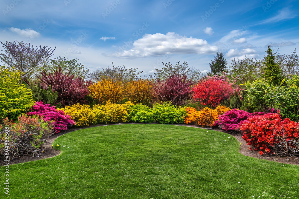 Artistic spring garden with a spectrum of shrub colors and a pristine grass circle, captured in ultra high-definition, no humans