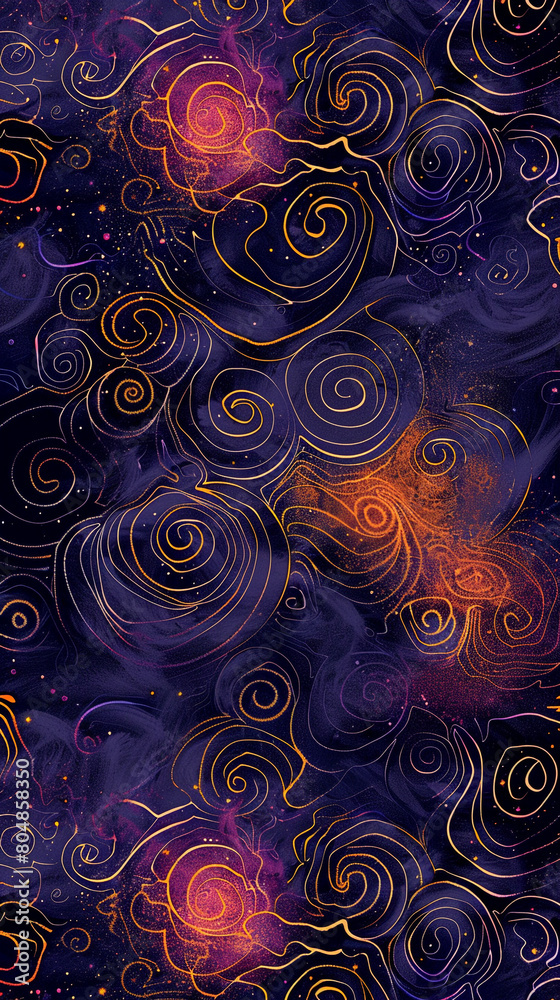 Intricate seamless pattern of smoky spirals and gradient hues in cosmic colors Intricate seamless pattern of smoky spirals and gradient hues in cosmic colors