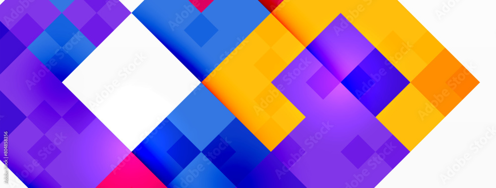 A vibrant display of colorfulness with purple, violet, magenta, and electric blue squares stacked in a triangle and rectangle pattern on a white background