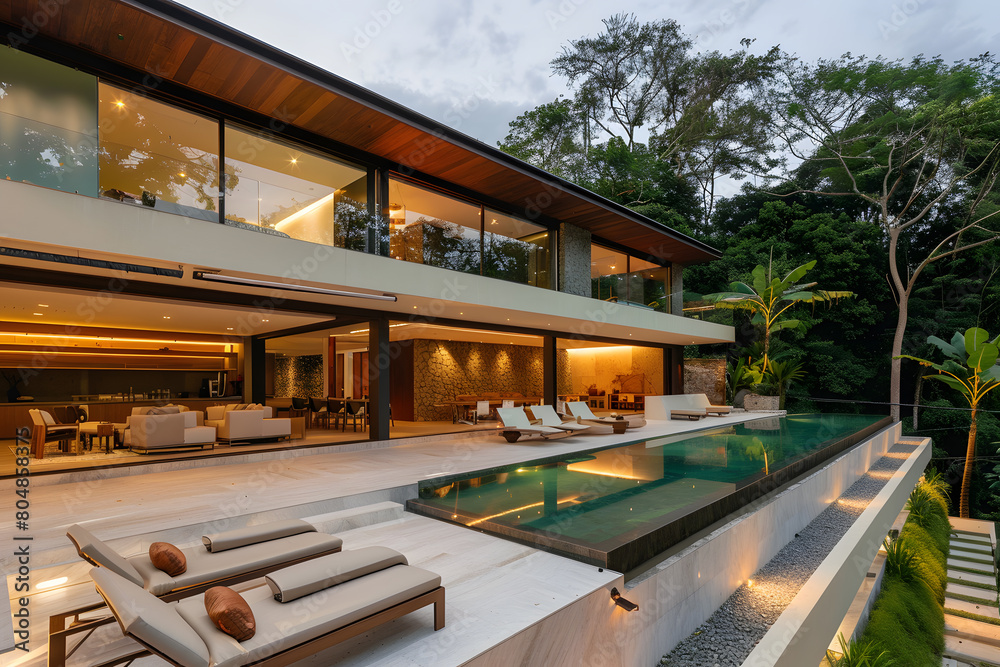 Fototapeta premium Modern contemporary illuminated house design exterior. Luxurious new construction home with panoramic windows, pool, patio