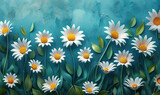 A vibrant pattern of white daisies with yellow centers on a teal background. Generate AI
