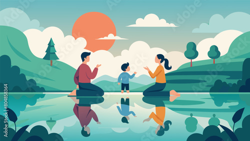 A peaceful pond serves as the backdrop for a family practicing Qi Gong together the reflection of the morning sky mirrored in the calm water.. Vector illustration