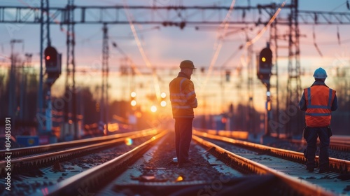 Railway workers inspecting tracks at sunset photo