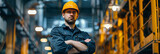 portrait of a handsome man in a construction uniform and helmet standing with his arms crossed at an industrial factory, generative AI