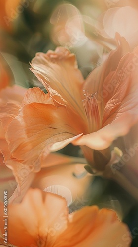 Sharp focus on subtle peach fuzz, with a dreamy, floral background softly blurred