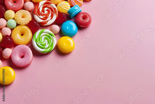 Candy and sweets in copy-space background concept, big blank space. Place to adding text blank copy space. Sweet Candy Swirls