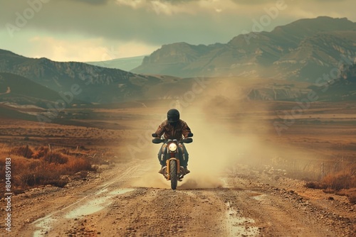 A man rides his motorcycle across a dirt road © Zoraiz