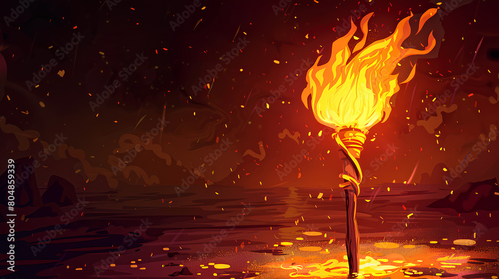 beautiful burning torch flame in cartoon style