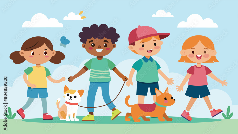 Kids are welcome to join the petwalking club as we believe in nurturing a love and responsibility for animals from a young age.. Vector illustration