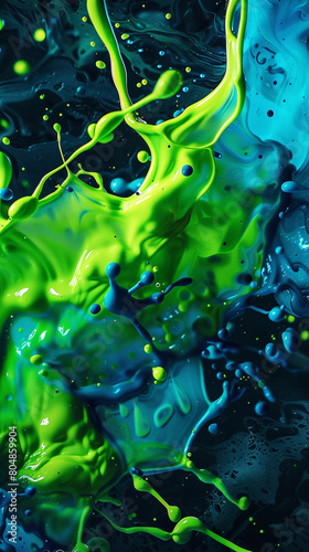 Neon green and blue splashes seamlessly blended on a dark abstract background photo