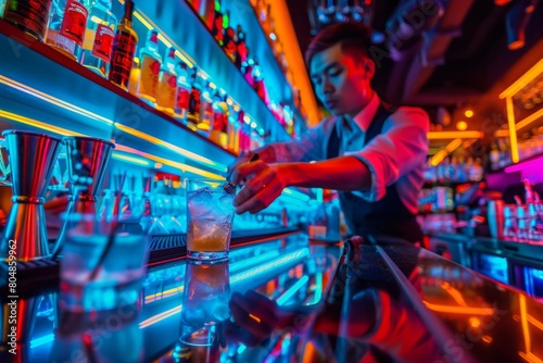 Bartender in a stylish vest expertly pouring drinks at a sophisticated bar counter