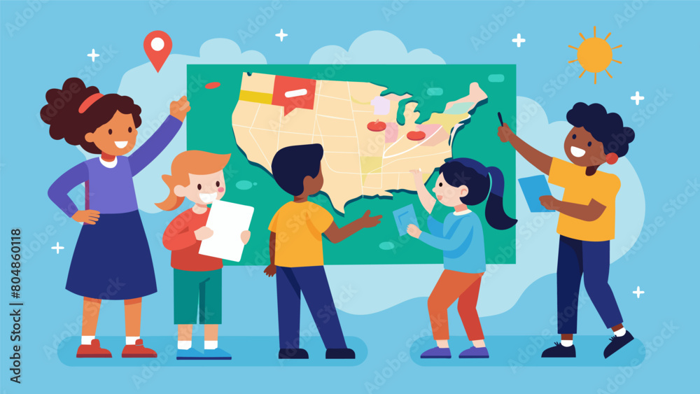 A group of children huddle around a large interactive map pointing out the different cities and landmarks that played a crucial role in the fight for. Vector illustration
