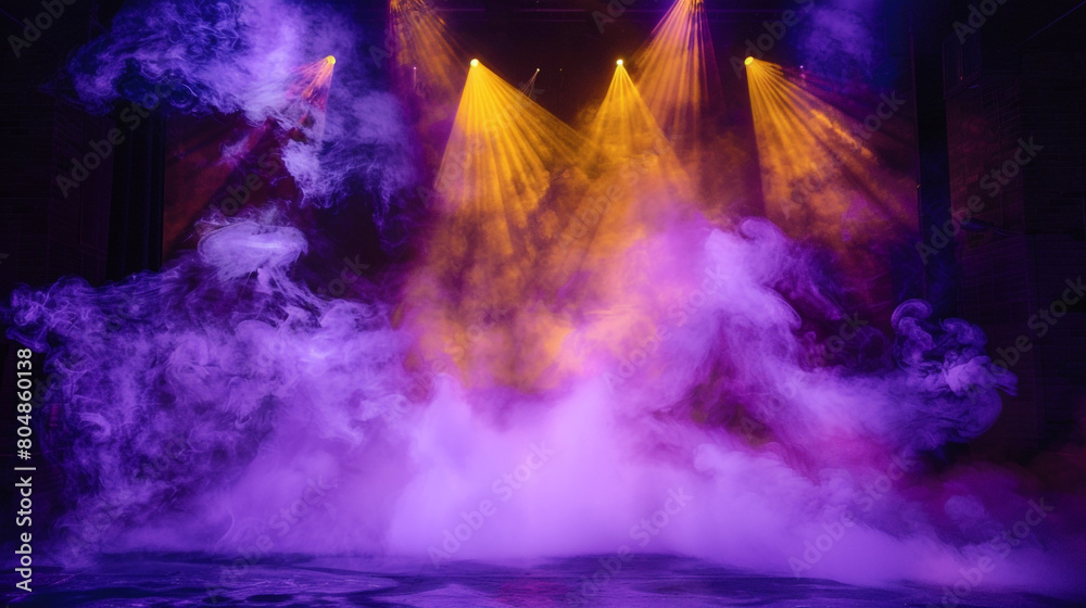 A stage shrouded in electric violet smoke under a golden yellow spotlight, offering a bold, vibrant feel.