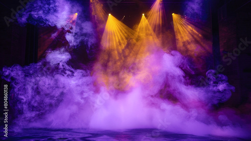 A stage shrouded in electric violet smoke under a golden yellow spotlight  offering a bold  vibrant feel.