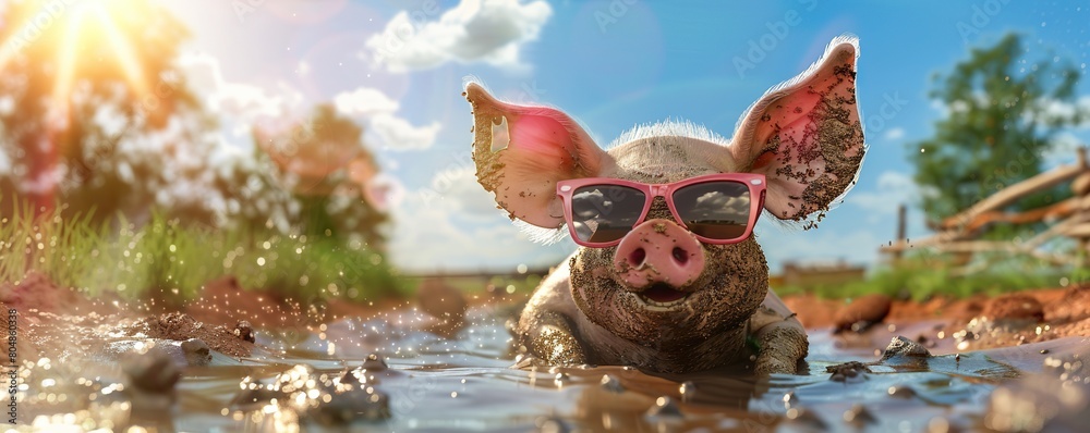 Muddy fun! Happy pig with sunglasses enjoys a summer roll in a puddle on the farm. 3D rendering.